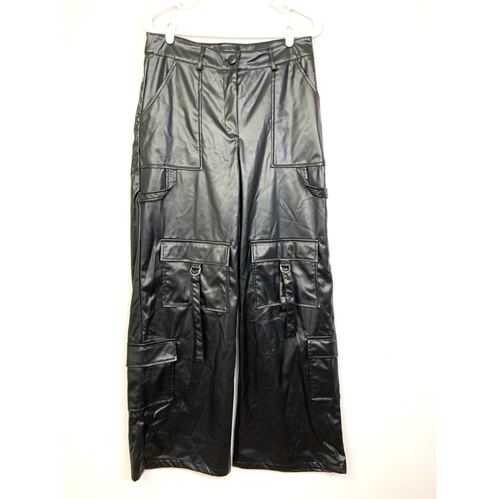 NWT Fashion Nova Sz Large She's A Baddie Black Faux Leather Wide Leg Cargo Pants